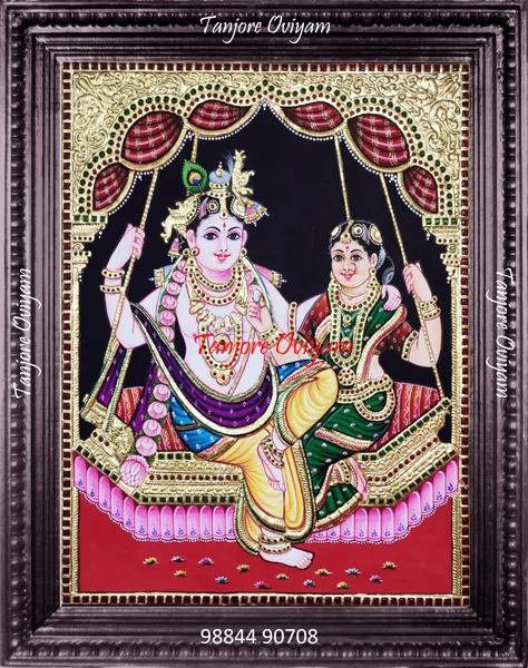 Radha and Krishna on a Swing Tanjore painting unjal gold foil traditional artwork